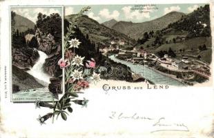Lend, Lender Wasserfall, Gasthof Turri, Bahnhof / waterfall, guest house, railway station, floral, litho
