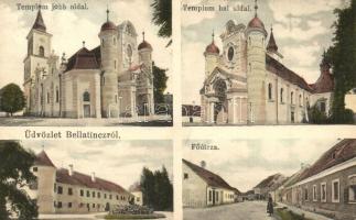 Beltinci, Belatinc, Bellatincz; Templom jobb és bal oldala, Fő utca Weiss Béla üzletével, vár / church, main street, shop, castle