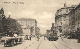 Fiume, Via del Lido / street view with urban railway, locomotive, horse carriage