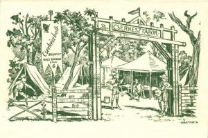 1935 Nemzetközi áruminta-vásár Budapest, a cserkészbolt mintatábora / Hungarian scouts display camp at an international trade fair in Budapest, So. Stpl s: Márton L.