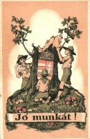 Jó munkát; Kiadja a Magyar Cserkészszövetség hivatalos lapja a Magyar Cserkész / Hungarian scout art postcard s: Hampel (EK)