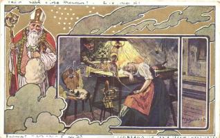 Mikulás / Saint Nicholas, golden art postcard. Serie 10. Nicolo Nr. 4. s: Schubert