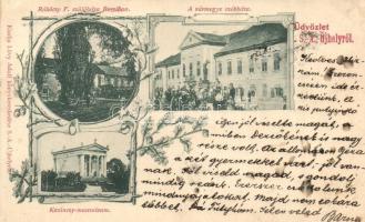 1899 Sátoraljaújhely, Vármegyeház, Kazinczy Mauzóleum, Rákóczi szülőháza Borsiban, floral; kiadja Lőwy Adolf