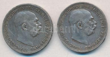 Ausztria 1912-1913. 2K Ag "Ferenc József" (2x) T:2,2- patina, ph. Austria 1912-1913. 2 Corona Ag "Franz Joseph" (2x) C:XF,VF patina, edge error