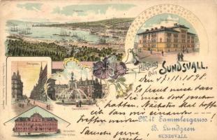 1898 Sundsvall, Folkskolan, Storgatan, Centralhotellet, Läroverket / Peoples School, Main Street, Central hotel, floral, litho (EK)