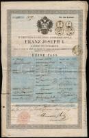 1850 Külföldre szóló útlevél 60 +12 kr okmánybélyeggel, nagyon sok bejegyzéssel, plusz lappal / Passport with 60+12kr document stamps and with many notes