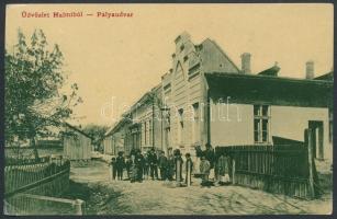 Halmi, Halmeu; Pályaudvar, vasútállomás, utcakép zsidó fürdővel (?); W. L. 1682. / railway station, street view with old Jewish spa (EK)