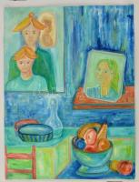 Emanuel jelzéssel: Csendélet családtagokkal. Akril, papír, felcsavarva, 58×47 cm