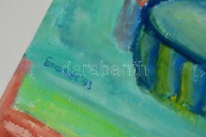 Emanuel jelzéssel: Csendélet családtagokkal. Akril, papír, felcsavarva, 58×47 cm