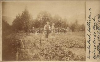 1917 Ruttka, Vrutky; Konyhakert, gyümölcsöskert, locsoló hölgy / garden, watering woman, photo (EK)