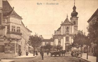 Győr, Erzsébet tér, templom, reklám poszterek (fl)