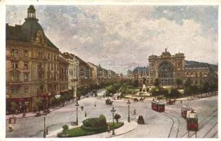 Budapest VII. Baross tér, Keleti pályaudvar, villamosok Hausner H. kiadása (EK)