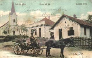 Csízfürdő, Cíz Kupele; Református templom, Ilona lak, Csiszártelep, gyógyszertár, Fogel Mór kiadása / church, villa, pharmacy, horse dealer's shop (r)