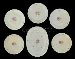 Herendi porcelán virágmintás süteményes készlet 1 tál + 5 tányér, kézzel festett, hibátlan, jelzett (Tertia) Méretek: kínáló: 38x28 cm, tányér: 25x25 cm