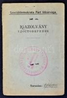 1945 Szociáldemokrata Párt fényképes tagsági igazolványa, kis szakadással. 12x8 cm