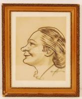Faragó Ákos (1903 - 1980): Női portré (karikatúra) . Szén, papír, jelzett, üvegezett keretben, 31×23 cm