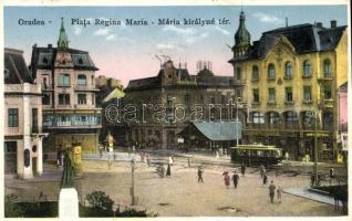 Nagyvárad, Oradea; Mária királyné tér, Takarékpénztár, villamos / square, savings bank, tram (b)