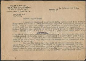 1948 FKGP Kisgazda Párt tagjának címzett levél pénztárosi posztra való megválasztásról, az V. kerületi pártelnök aláírásával, kis szakadással, 14,5x20,5 cm