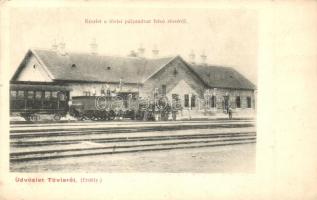 Tövis, Teius; Vasútállomás, gőzmozdony, vasutasok, vagonok / railway station, locomotive, railwaymen (EK)