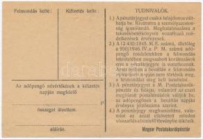 1946. 100.000AP nem kamatozó Pénztárjegy "Másra Át Nem Ruházható", "Magyar Királyi Po...