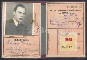 1942 A Magyar Királyi Államvasutak félárú jegy váltására jogosító fényképes igazolványa