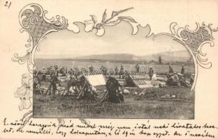 K.u.K. katonák gyakorlatozása, tábor / K.u.K. military, field practice, camp; B.K.W.I. 828/7 floral Art Nouveau (EK)