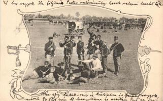 K.u.K. katonák gyakorlatozása, tábor / K.u.K. military, field practice, camp; B.K.W.I. 828/2 floral Art Nouveau (EK)