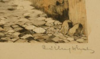 Csillag József (1894-1977): Tabán. Színezett rézkarc, papír, jelzett, üvegezett keretben, 23×17 cm