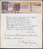 1914 Háborús emléklap, báró Korányi Frigyesné nyomtatott aláírásával, Földes grafikával, 23,5x21 cm