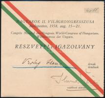 1938 A magyarok Világkongresszusa által kiállított részvételi igazolvány