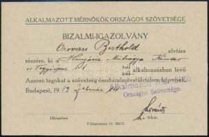 1919 Bp., Alkalmazott Mérnökök Országos Szövetsége által kiadott bizalmi igazolvány