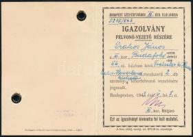 1943 Bp., Budapest Székesfőváros XI. kerületi Elöljárója által kiállított igazolvány felvonóvezető részére