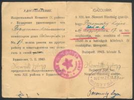 1945 A XIII. kerület Nemzeti Bizottsága által kiállított orosz és magyar nyelvű igazolvány