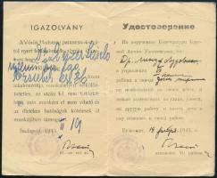 1945 Bp., Orosz és magyar nyelvű szabad kijárást biztosító igazolvány