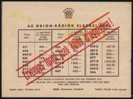 1944 Az Orion rádió, izzó és hőpalackjainak árjegyzéke