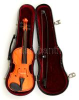 Miniatűr hegedű, bélelt tokkal, jó állapotban, h:15 cm