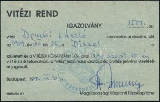 1994 a Vitézi Rend tagsági igazolványa