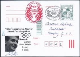2001 Horváth Zoltán (1937- ) olimpiai bajnok vívó aláírása bélyegzőkkel ellátott emlék levelezőlapon