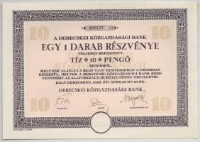 Derecske 1926. Derecskei Közgazdasági Bank részvénye 10P értékben, szárazpecséttel, szelvényekkel T:I,I-