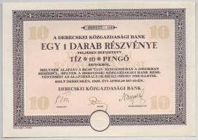 Derecske 1926. "Derecskei Közgazdasági Bank" részvénye 10P értékben, szárazpecséttel, szelvényekkel T:I,I-