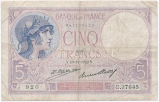 Franciaország 1928. 5Fr T:III- ly. France 1928. 5 Francs C:VG hole Krause 72.