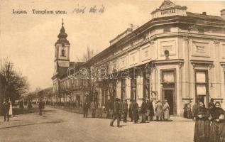 Lugos, Lugoj; Templom utca, Kávéház / street view with cafe