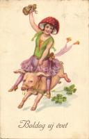 New Year, pig riding lady, mushroom hat, Erika Nr. 605. litho