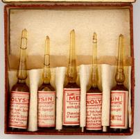 Menolysin régi gyógyszeres dobozka, tartalommal, 7x7x1,5 cm