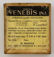 Venebis régi gyógyszeres dobozka, tartalommal, 4x4x1,5 cm