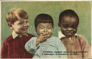 Felelősek vagyunk valamennyi gyermekért, a fehérekért és feketékért egyaránt; kiadja a Magyar Nők Demokratikus Szövetsége, kommunista propaganda lap / Hungarian communist propaganda postcard, white and black children (EB)
