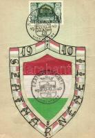 1940 Szatmárnémeti visszatért! Egyedi magyar zászlós és címeres textillap / Custom-made Hungarian flag textile card, irredenta, So. Stpl (fa)