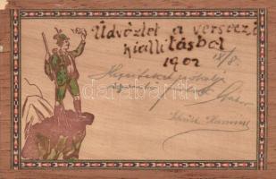 1902 Üdvözlet a verseczi kiállításból Hiker, wooden card