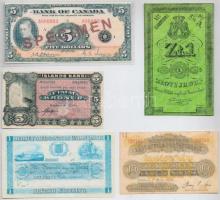 8db-os vegyes fóliázott, nagyrészt jelzett replika bankjegy tétel, közte Izland 1920. 5K replika, Ka...