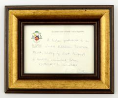 Erdő Péter esztergomi érsek üdvözlő sorai és aláírása fejléces papíron, fa keretben